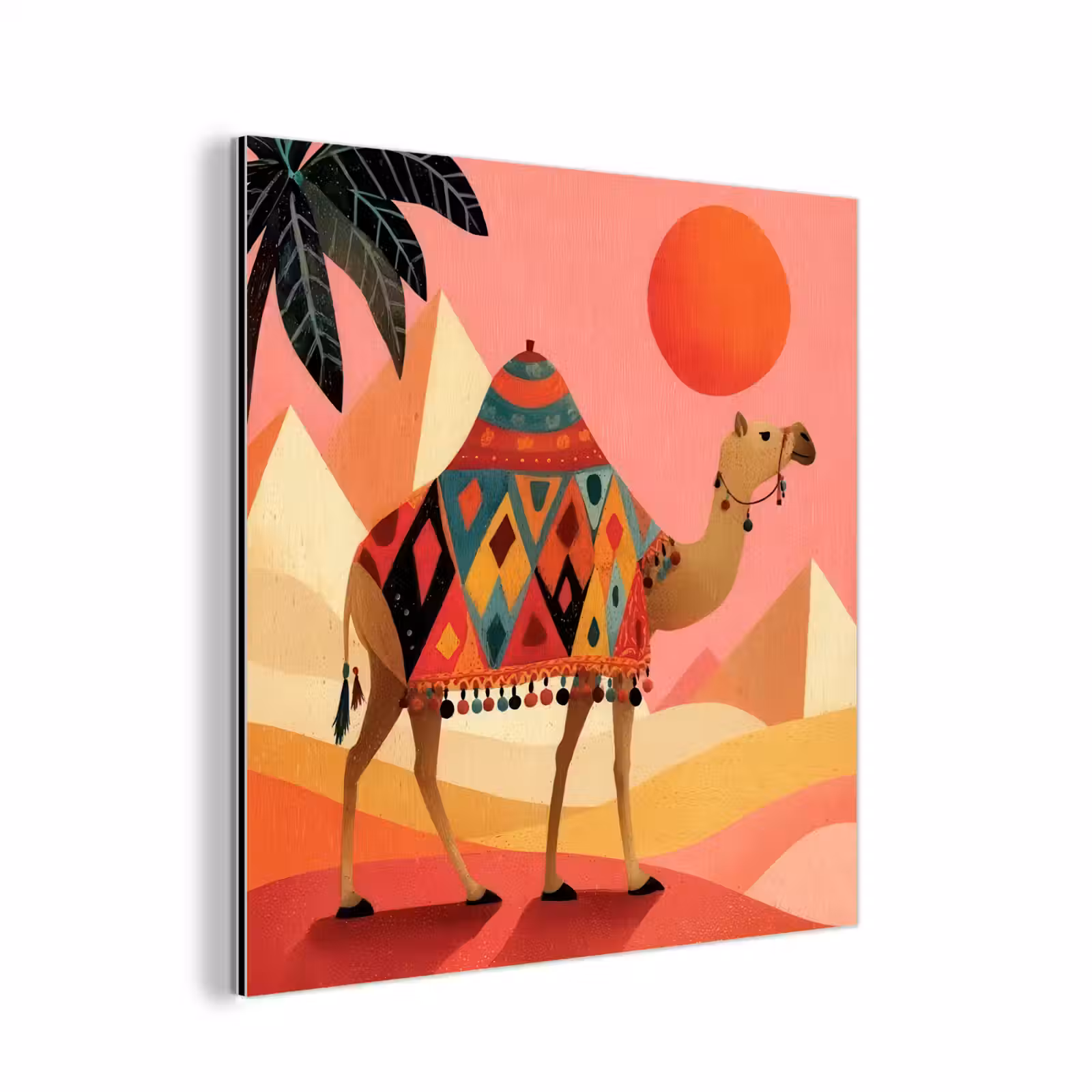 Aluminium schilderij - Kameel - Pyramides - Rode zon — 1