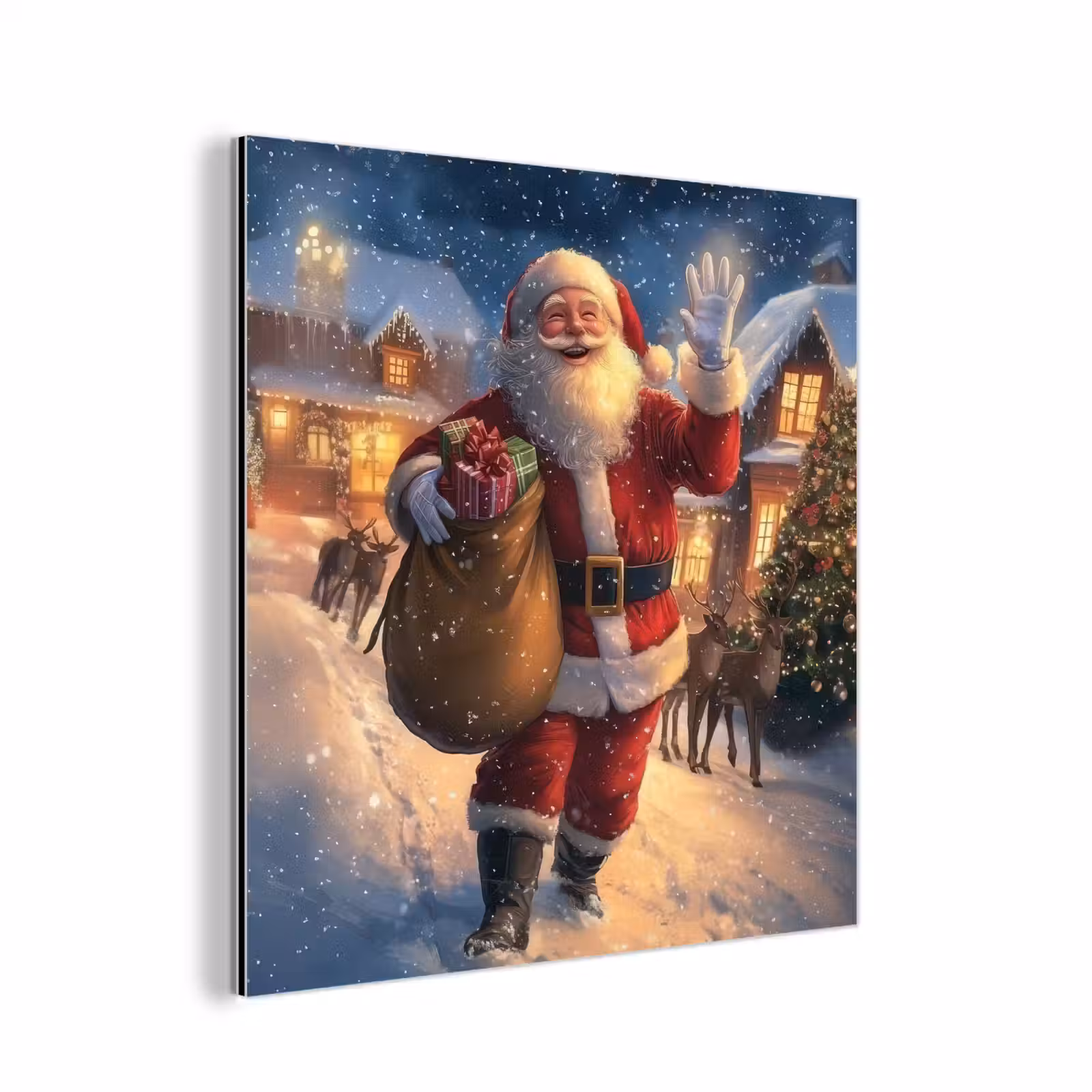 Aluminium schilderij - Kerstman - Dorp - Hert - Donker — 1