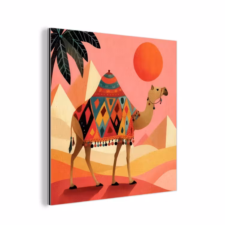 Aluminium schilderij - Kameel - Pyramides - Rode zon — 1