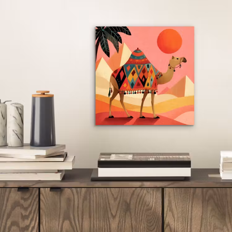 Aluminium schilderij - Kameel - Pyramides - Rode zon — 2
