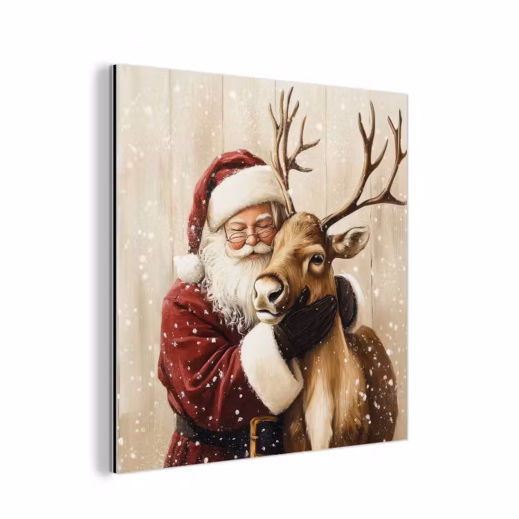 Aluminium schilderij - Kerstman - Rendier - Sneeuw - Kleurrijk — 1