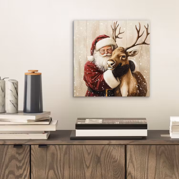 Aluminium schilderij - Kerstman - Rendier - Sneeuw - Kleurrijk — 2