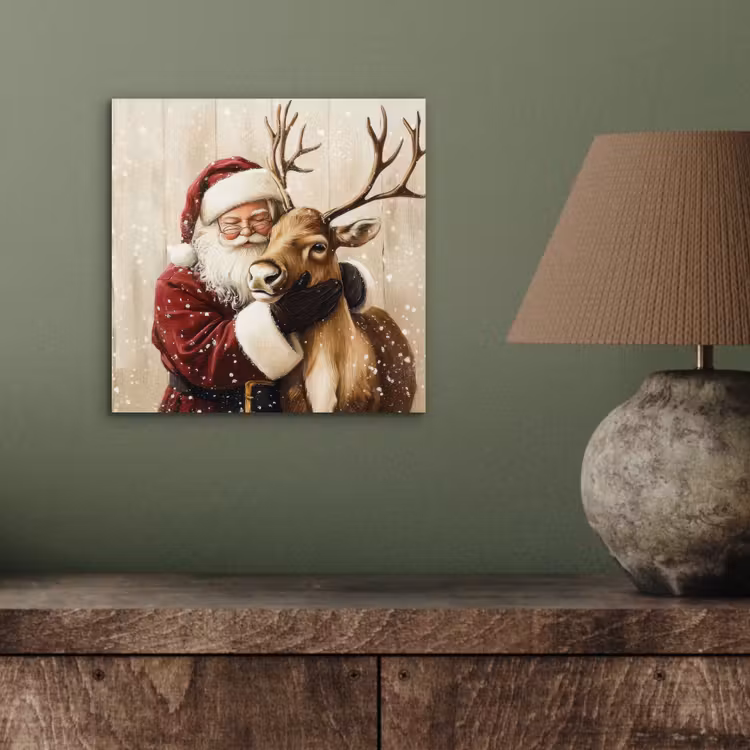 Aluminium schilderij - Kerstman - Rendier - Sneeuw - Kleurrijk — 3