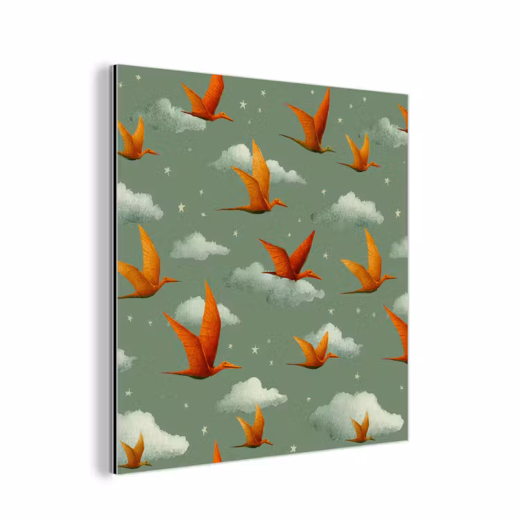 Aluminium schilderij - Dinosaurussen - Wolken - Sterren - Oranje — 1