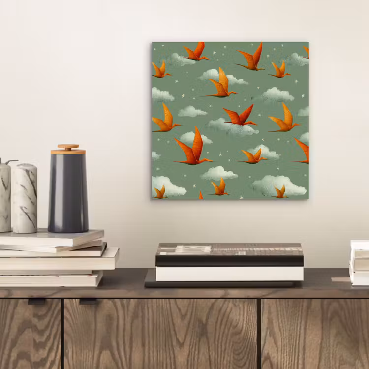 Aluminium schilderij - Dinosaurussen - Wolken - Sterren - Oranje — 2