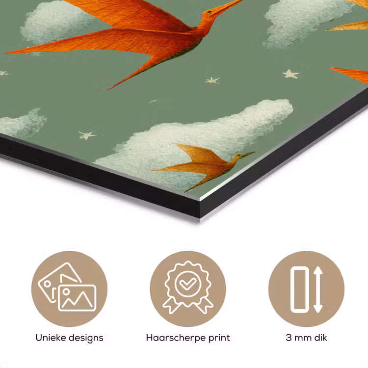 Aluminium schilderij - Dinosaurussen - Wolken - Sterren - Oranje — 7