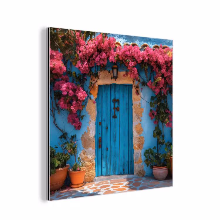 Aluminium schilderij - Deur - Hout - Bloemen - Blauw — 1
