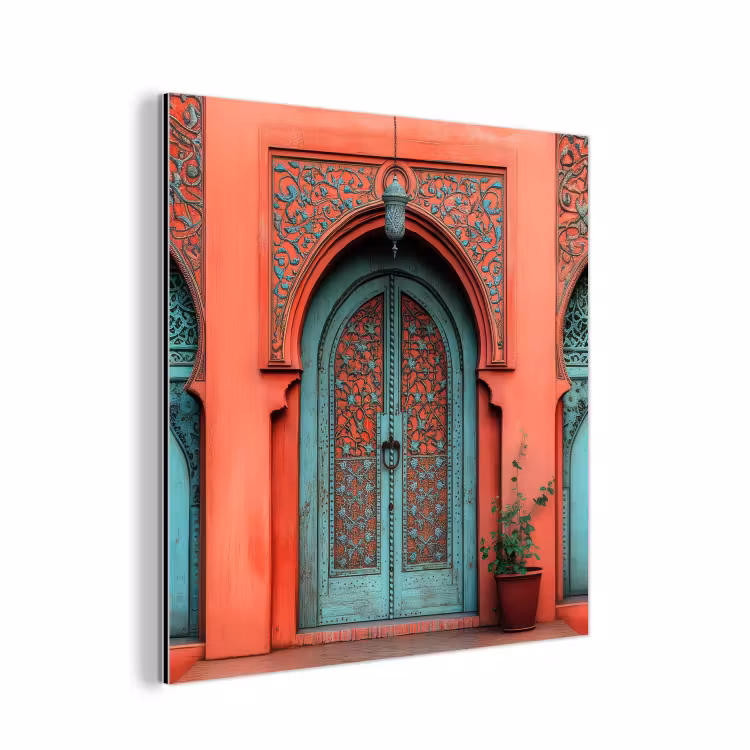 Aluminium schilderij - Lantaarn - Deur - Turquoise — 1