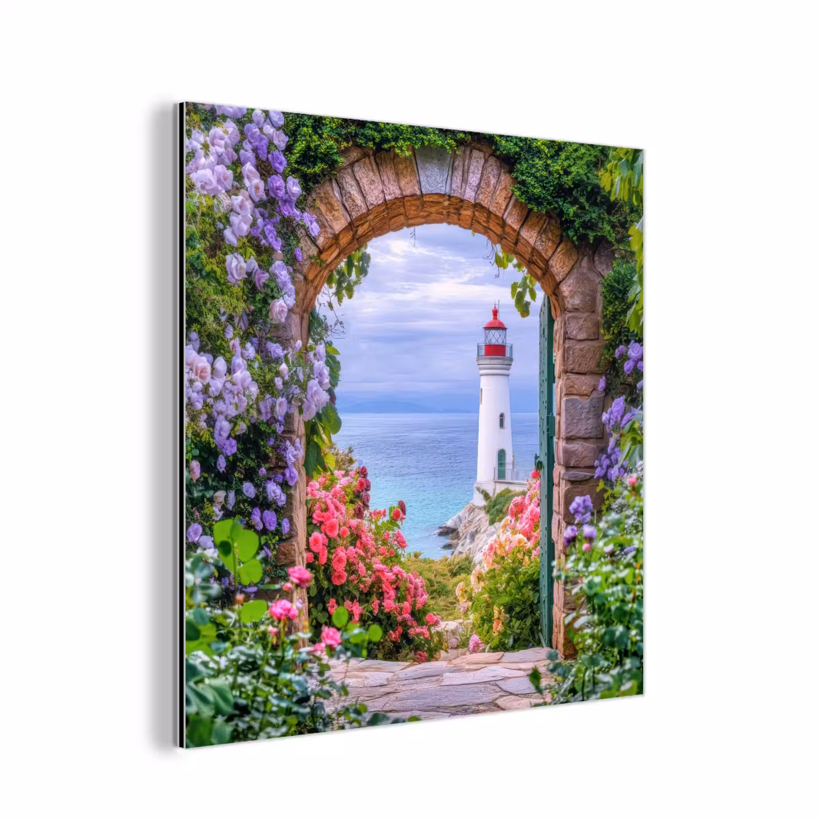 Aluminium schilderij - Doorkijk - Vuurtoren - Bloemen - Uitzicht — 1