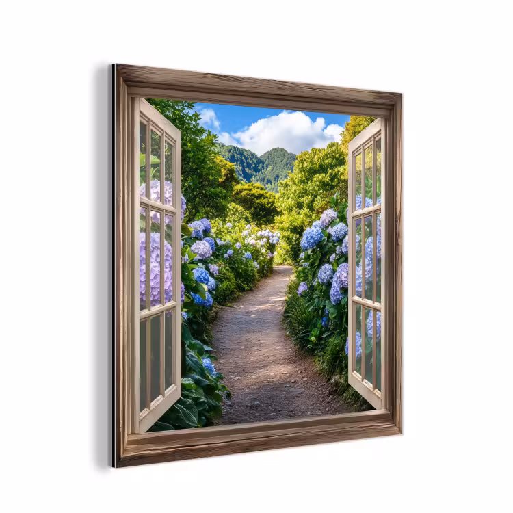 Aluminium schilderij - Doorkijk - Hortensia - Pad - Natuur — 1