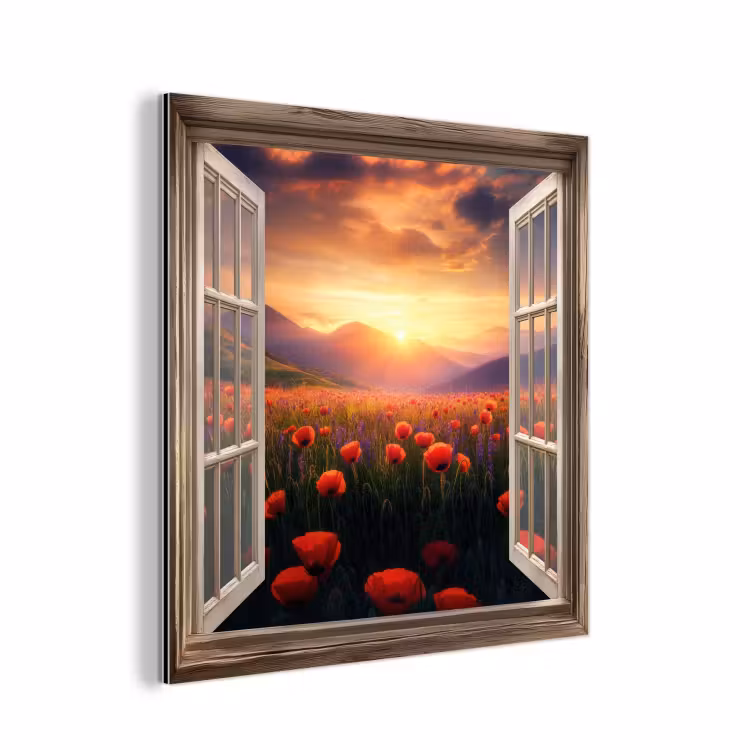 Aluminium schilderij - Doorkijk - Klaprozen - Bloemen - Rood - Open raam — 1