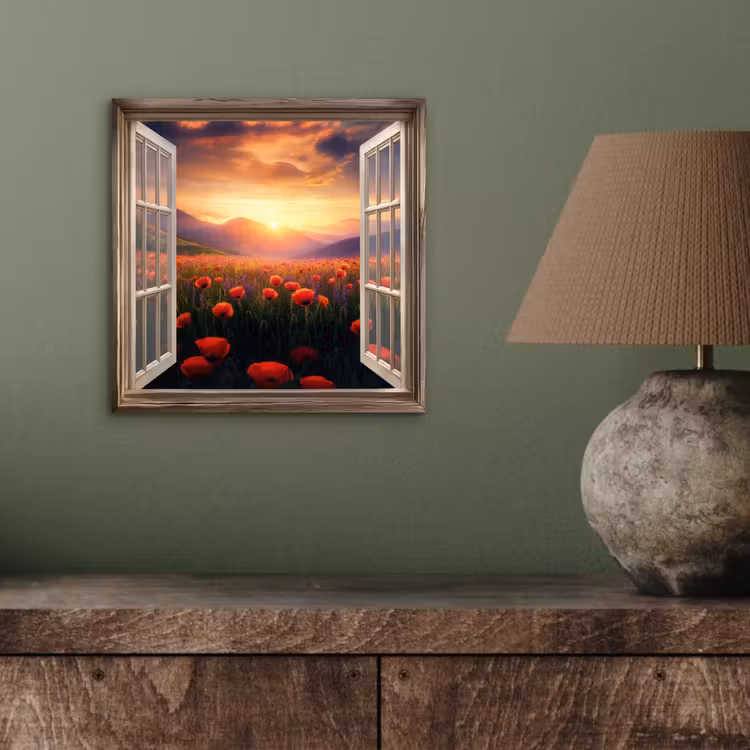 Aluminium schilderij - Doorkijk - Klaprozen - Bloemen - Rood - Open raam — 3