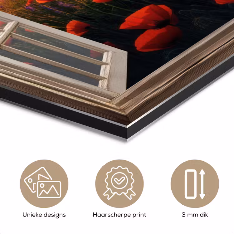 Aluminium schilderij - Doorkijk - Klaprozen - Bloemen - Rood - Open raam — 7