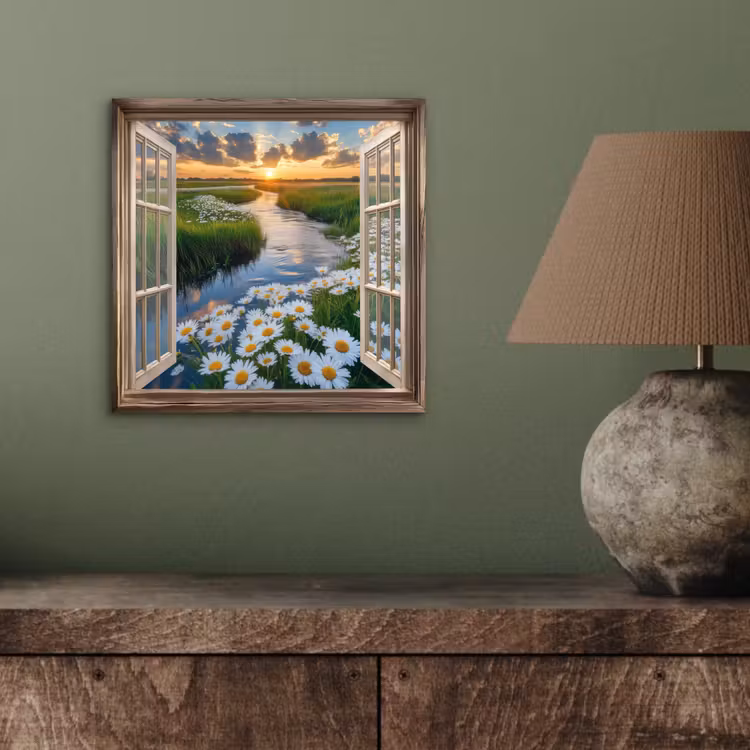 Aluminium schilderij - Doorkijk - Landschap - Raam - Water - Zonsondergang — 3