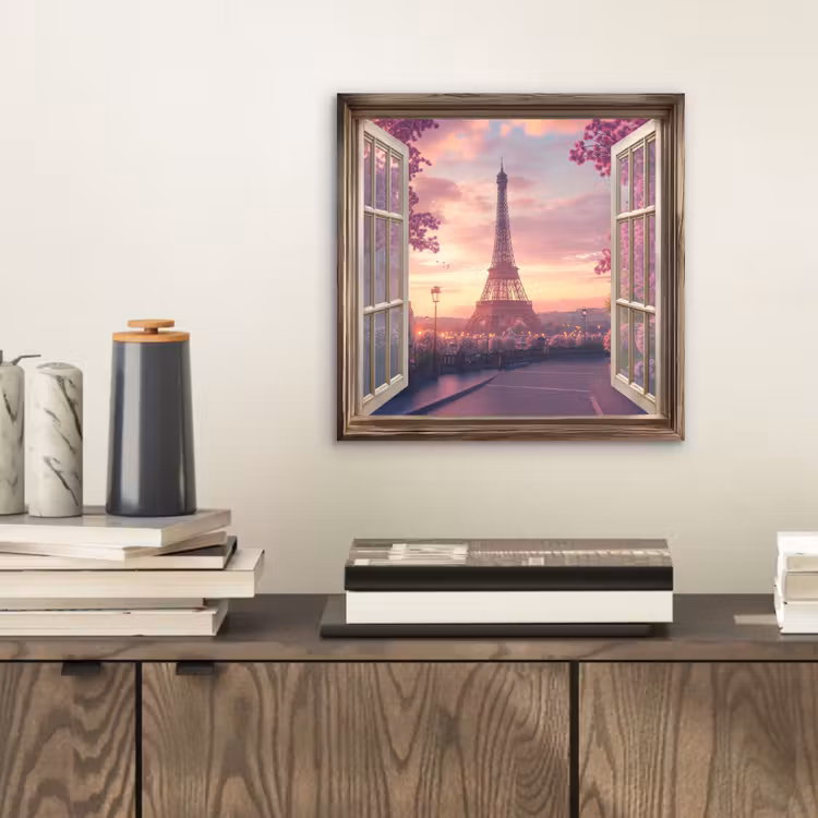 Aluminium schilderij - Doorkijk - Parijs - Eiffeltoren - Roze - Kersenbloesem — 2