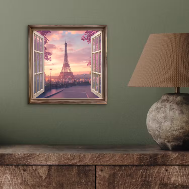 Aluminium schilderij - Doorkijk - Parijs - Eiffeltoren - Roze - Kersenbloesem — 3