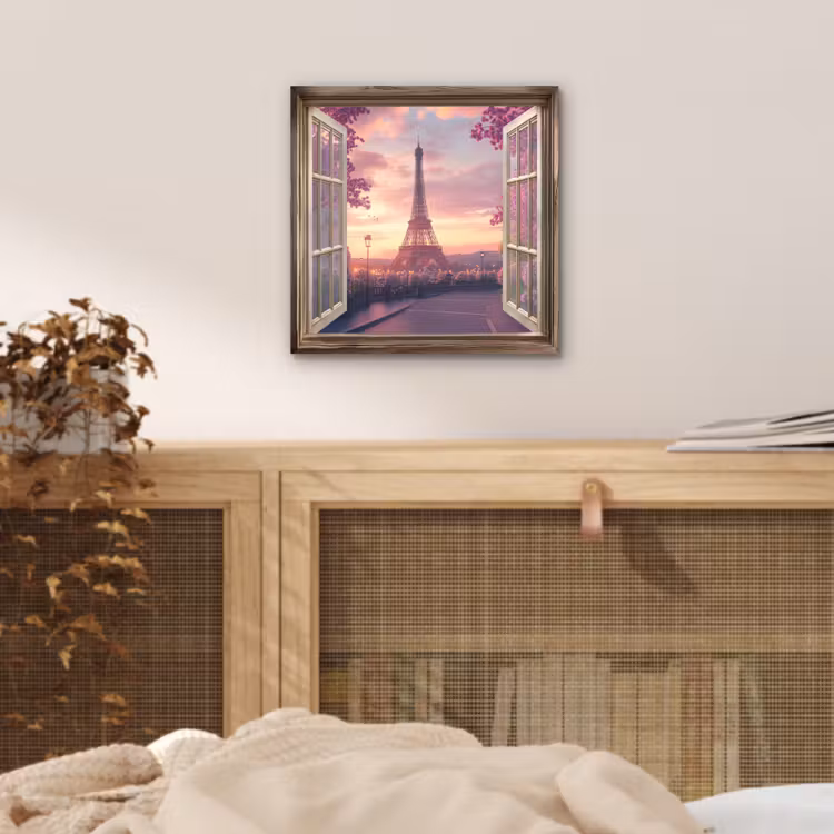 Aluminium schilderij - Doorkijk - Parijs - Eiffeltoren - Roze - Kersenbloesem — 4