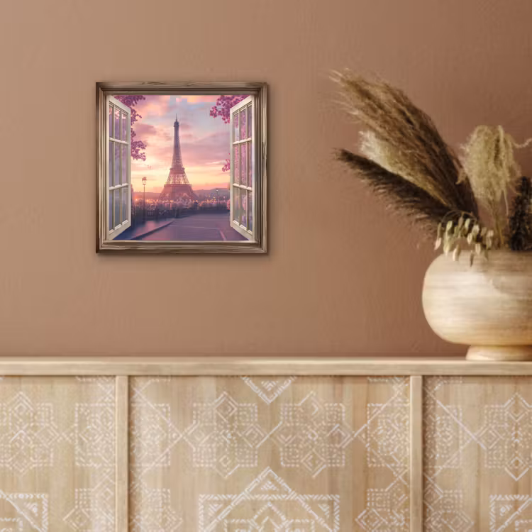Aluminium schilderij - Doorkijk - Parijs - Eiffeltoren - Roze - Kersenbloesem — 5