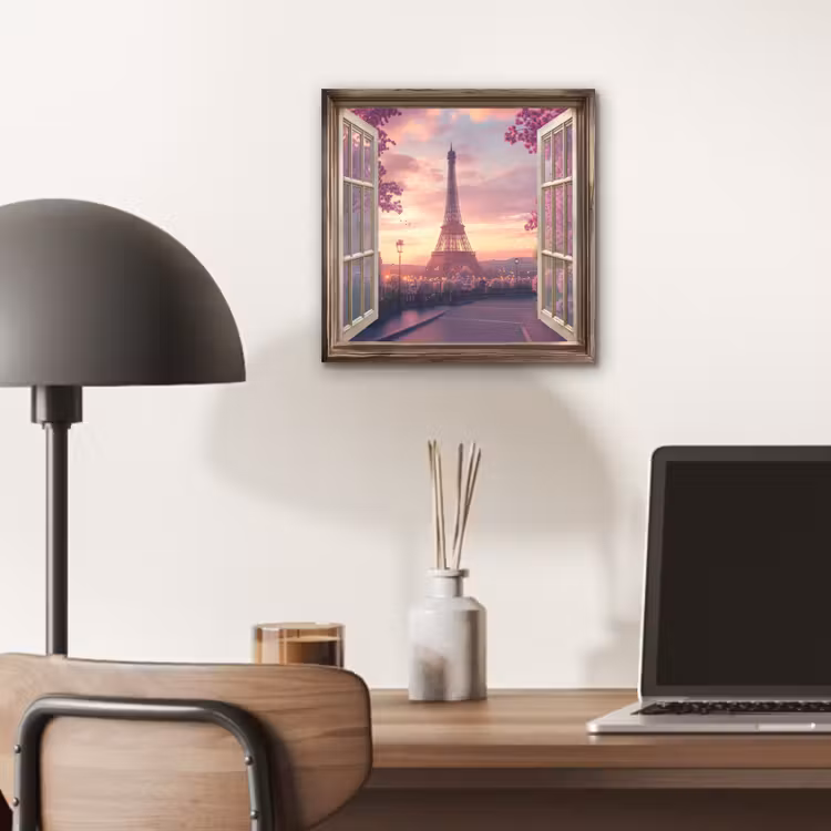 Aluminium schilderij - Doorkijk - Parijs - Eiffeltoren - Roze - Kersenbloesem — 6