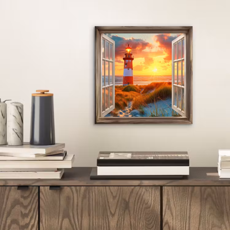 Aluminium schilderij - Doorkijk - Raam - Vuurtoren - Zonsondergang - Strand — 2