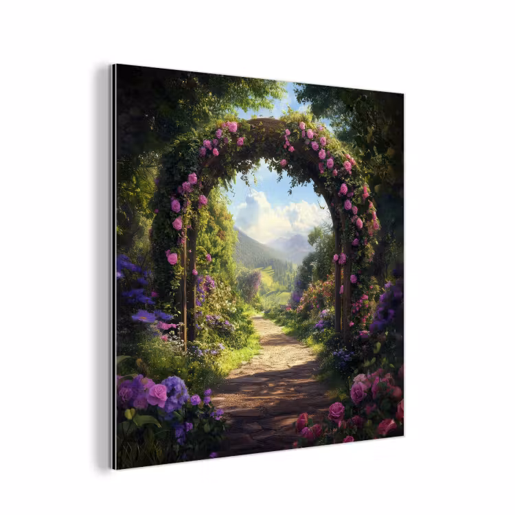 Aluminium schilderij - Doorkijk - Rozenboog - Uitzicht - Landschap - Bloemen — 1