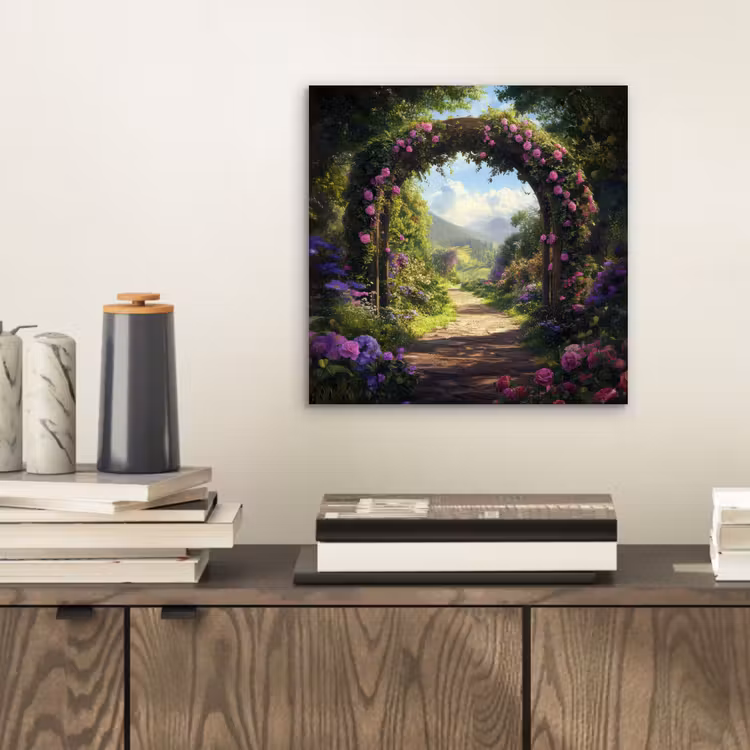 Aluminium schilderij - Doorkijk - Rozenboog - Uitzicht - Landschap - Bloemen — 2