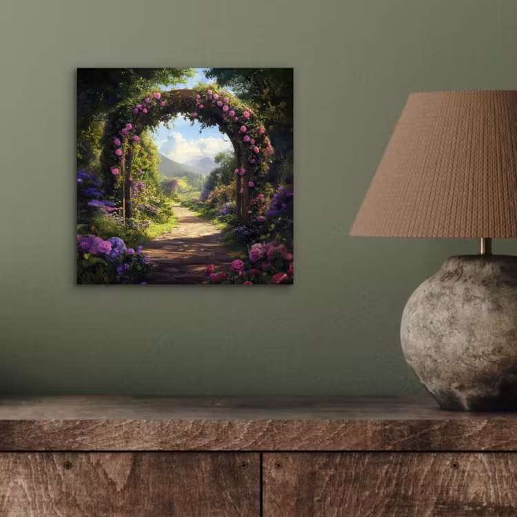 Aluminium schilderij - Doorkijk - Rozenboog - Uitzicht - Landschap - Bloemen — 3