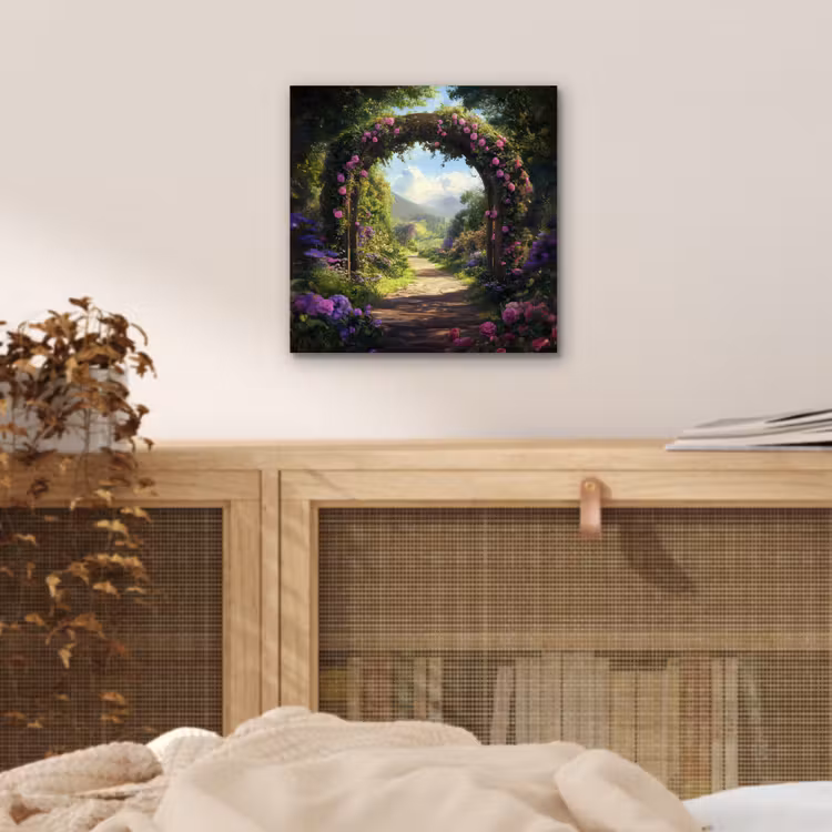Aluminium schilderij - Doorkijk - Rozenboog - Uitzicht - Landschap - Bloemen — 4