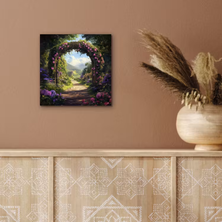 Aluminium schilderij - Doorkijk - Rozenboog - Uitzicht - Landschap - Bloemen — 5