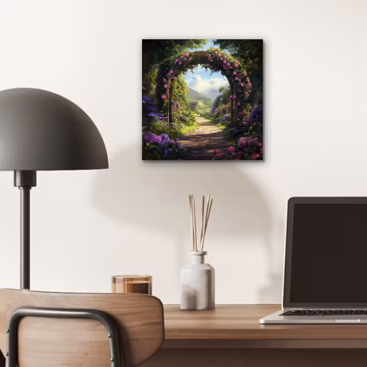 Aluminium schilderij - Doorkijk - Rozenboog - Uitzicht - Landschap - Bloemen — 6