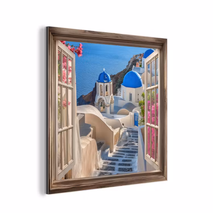 Aluminium schilderij - Doorkijk - Santorini - Landschap - Blauw - Grieks — 1
