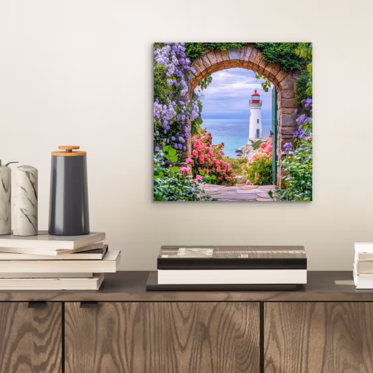 Aluminium schilderij - Doorkijk - Vuurtoren - Bloemen - Uitzicht — 2