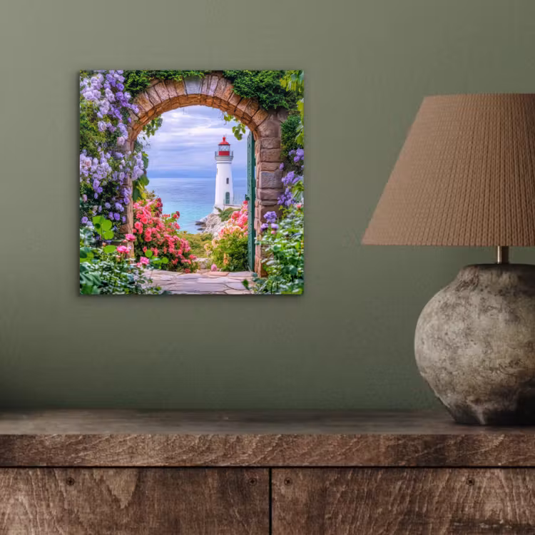 Aluminium schilderij - Doorkijk - Vuurtoren - Bloemen - Uitzicht — 3