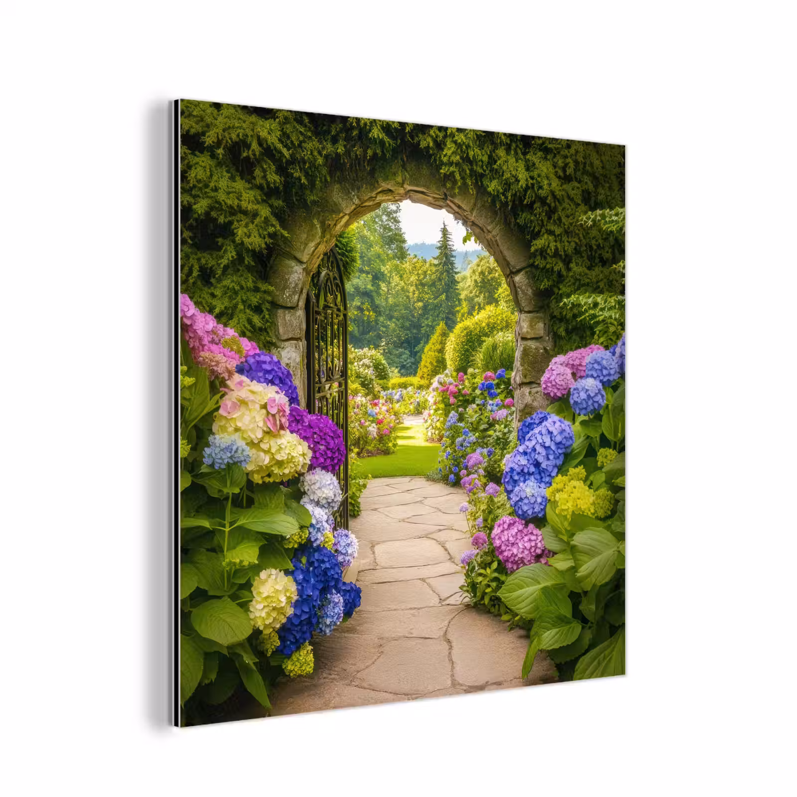 Aluminium schilderij - Doorkijk - Poort - Hortensia - Bloementuin — 1
