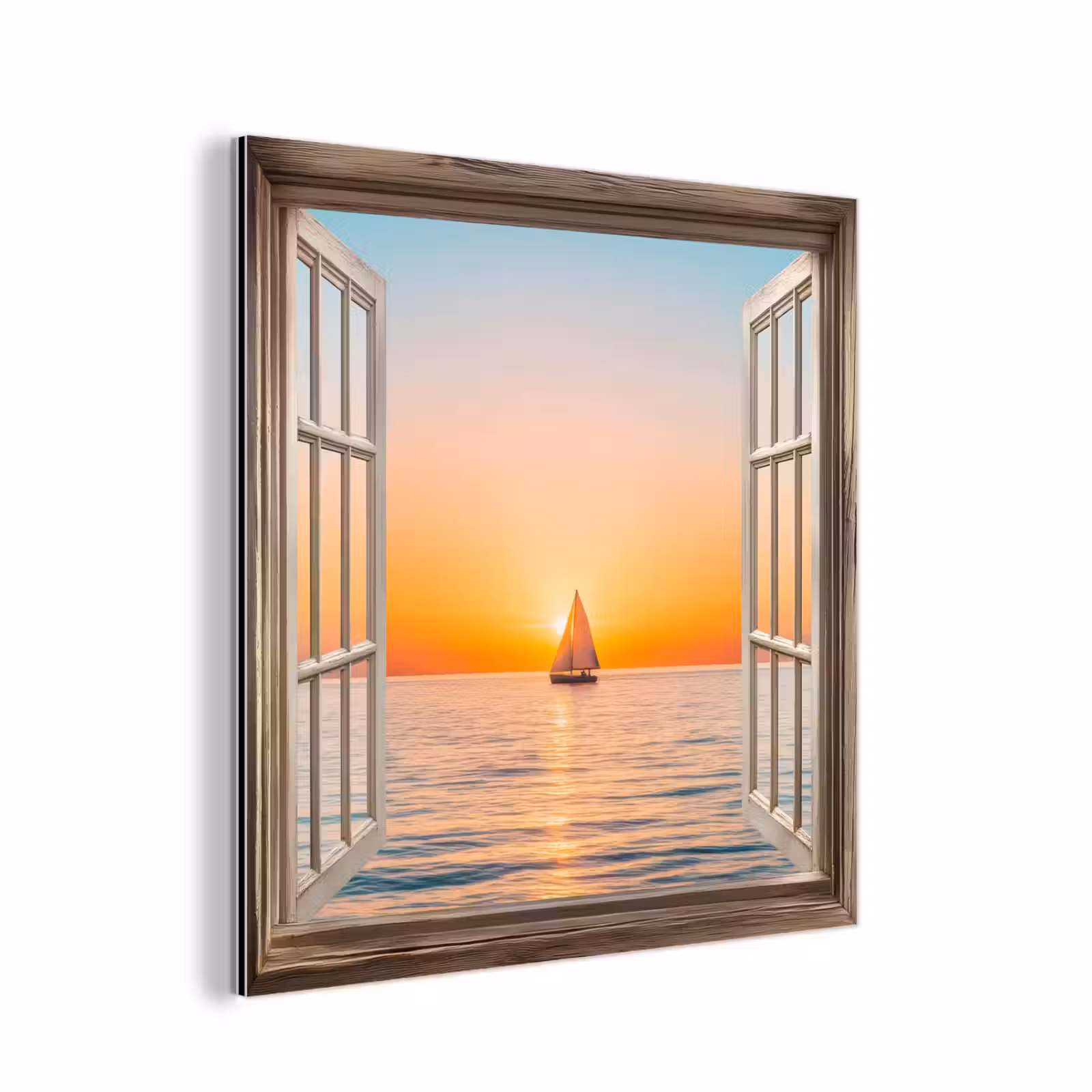 Aluminium schilderij - Doorkijk - Zee - Boot - Zonsondergang — 1