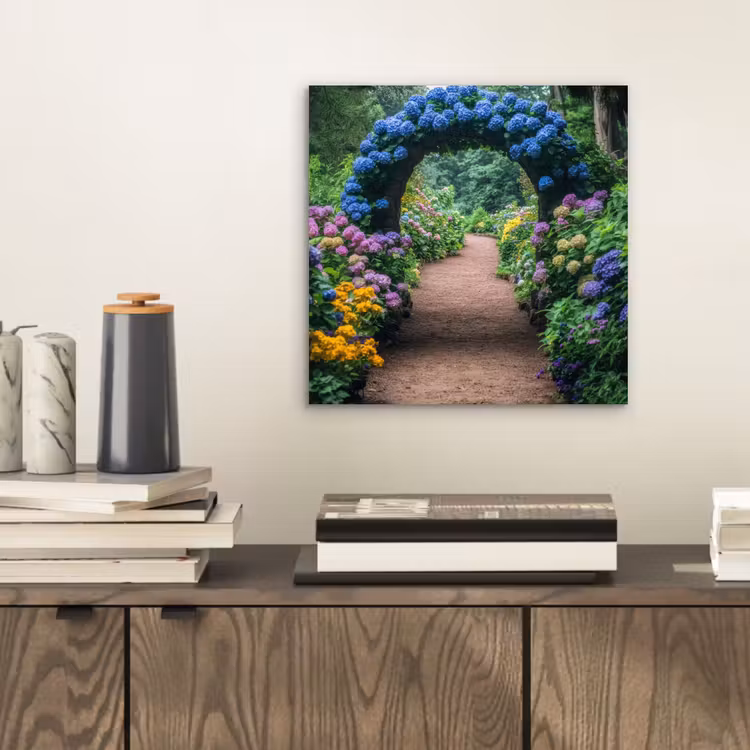 Aluminium schilderij - Doorkijk - Bloemen - Hortensia - Pad — 2