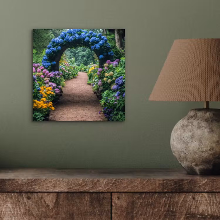 Aluminium schilderij - Doorkijk - Bloemen - Hortensia - Pad — 3