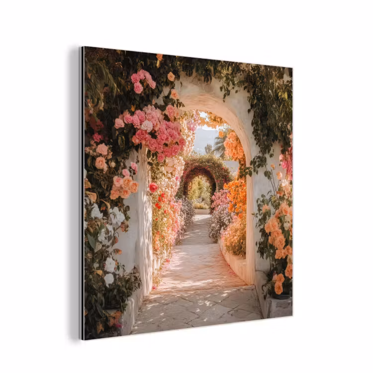 Aluminium schilderij - Doorkijk - Boog - Bloemen - Pastel — 1