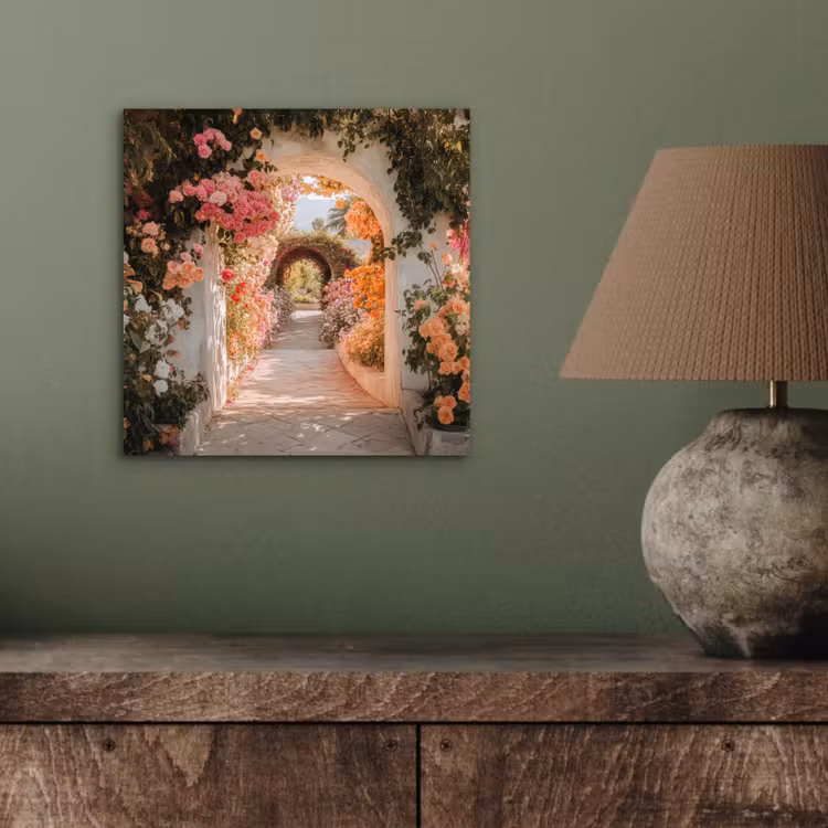 Aluminium schilderij - Doorkijk - Boog - Bloemen - Pastel — 3