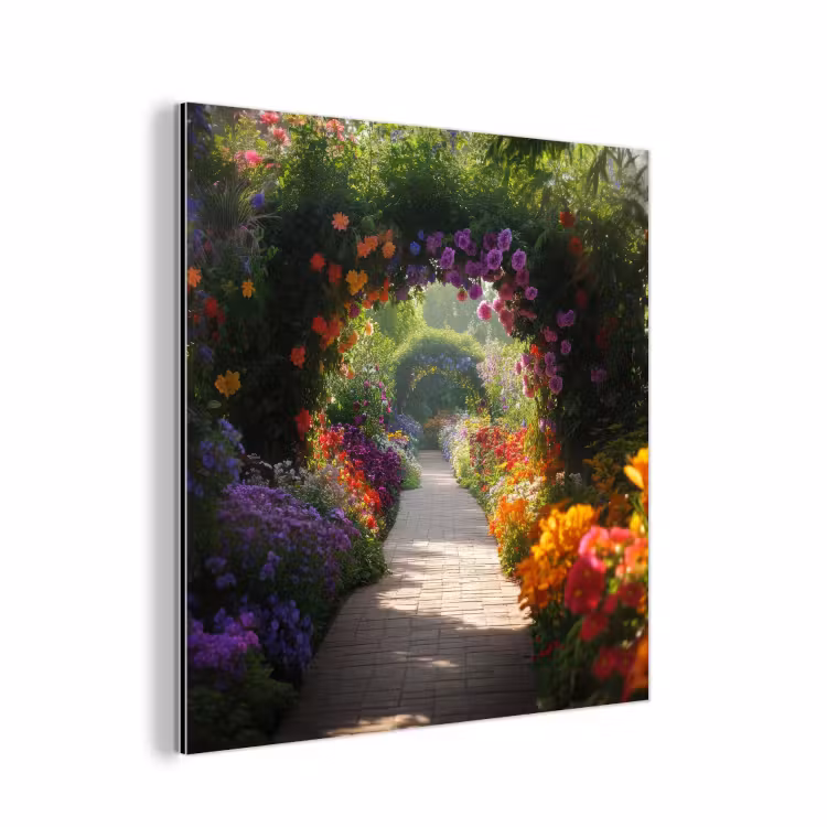 Aluminium schilderij - Doorkijk - Pad - Bloemen - Struik - Kleurrijk — 1