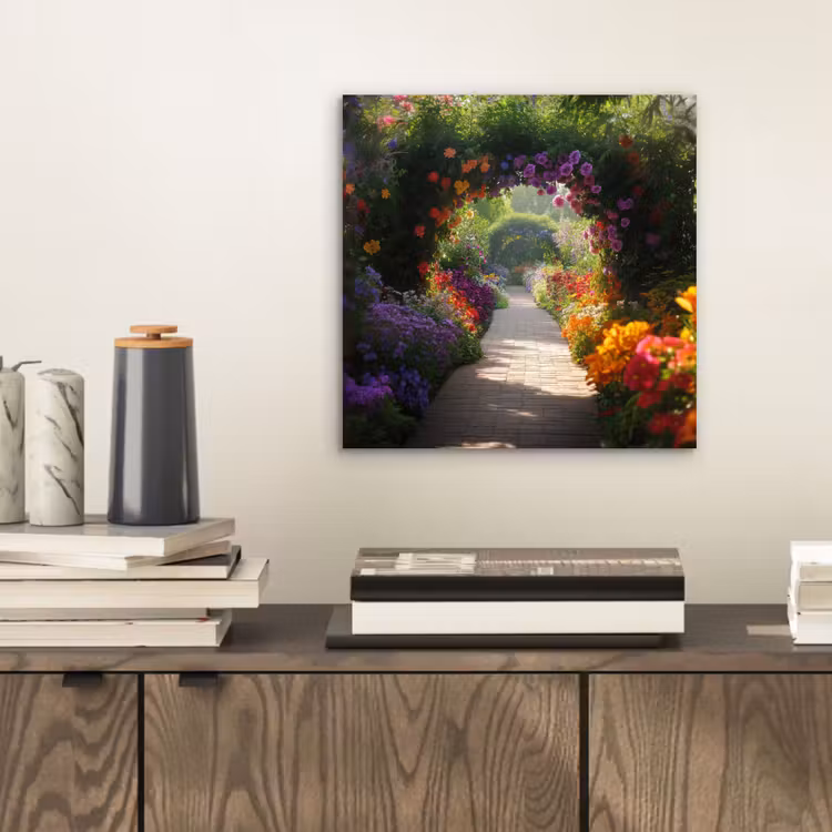 Aluminium schilderij - Doorkijk - Pad - Bloemen - Struik - Kleurrijk — 2