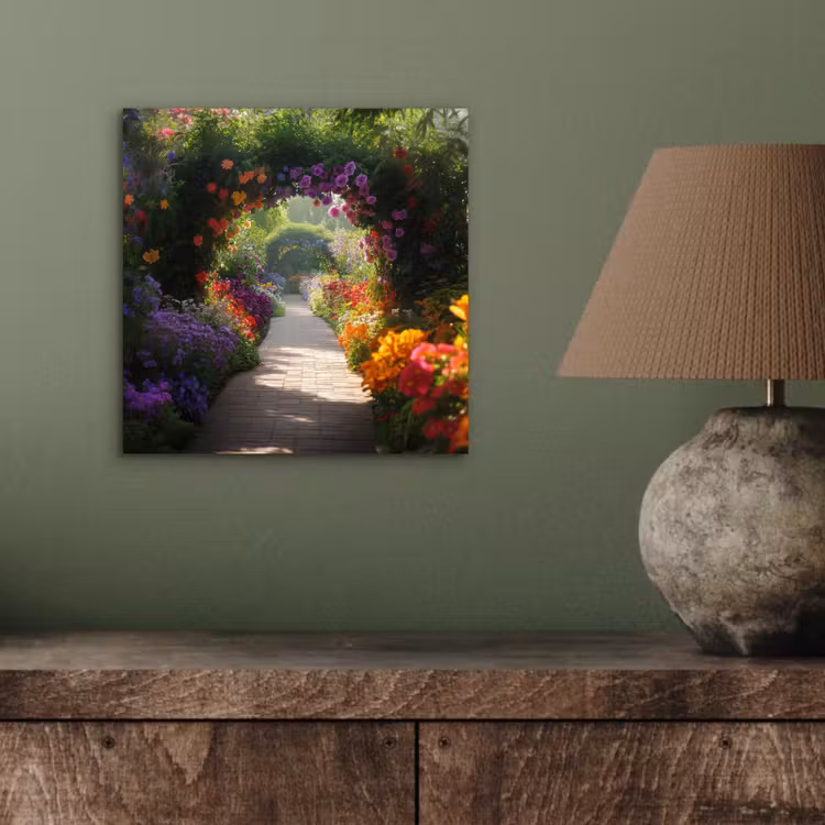 Aluminium schilderij - Doorkijk - Pad - Bloemen - Struik - Kleurrijk — 3