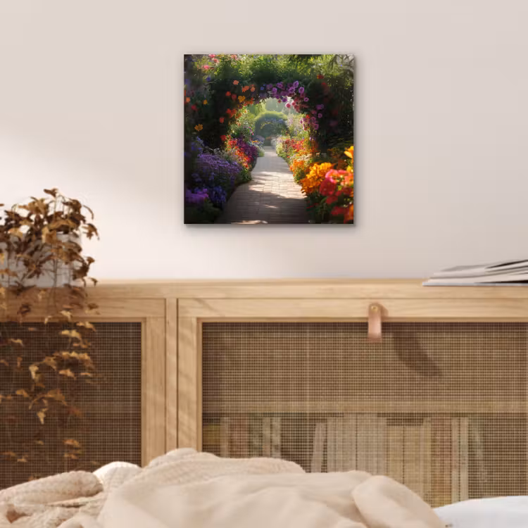 Aluminium schilderij - Doorkijk - Pad - Bloemen - Struik - Kleurrijk — 4