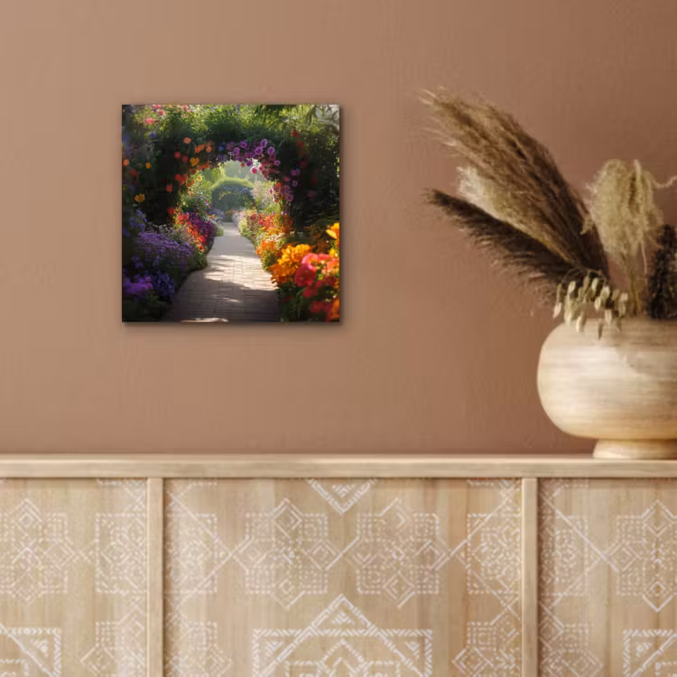 Aluminium schilderij - Doorkijk - Pad - Bloemen - Struik - Kleurrijk — 5