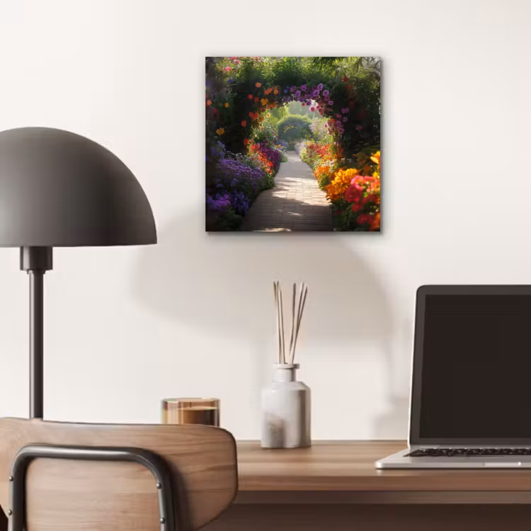 Aluminium schilderij - Doorkijk - Pad - Bloemen - Struik - Kleurrijk — 6