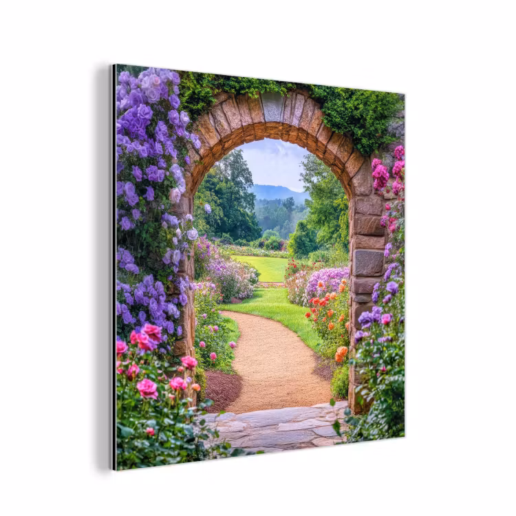 Aluminium schilderij - Doorkijk - Poort - Bloemen - Tuin — 1