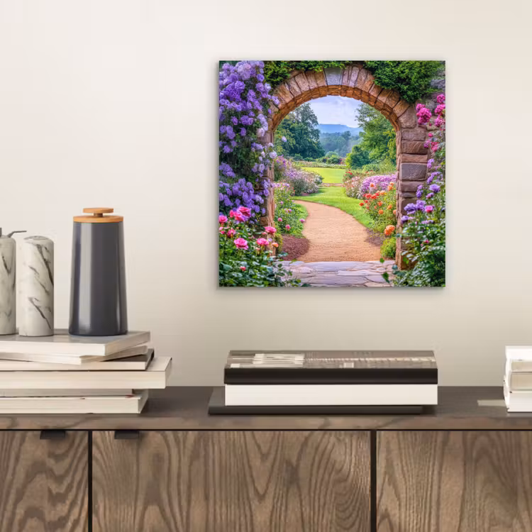 Aluminium schilderij - Doorkijk - Poort - Bloemen - Tuin — 2