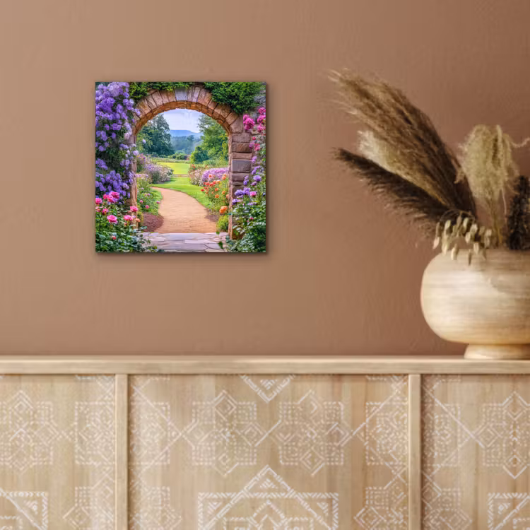 Aluminium schilderij - Doorkijk - Poort - Bloemen - Tuin — 5
