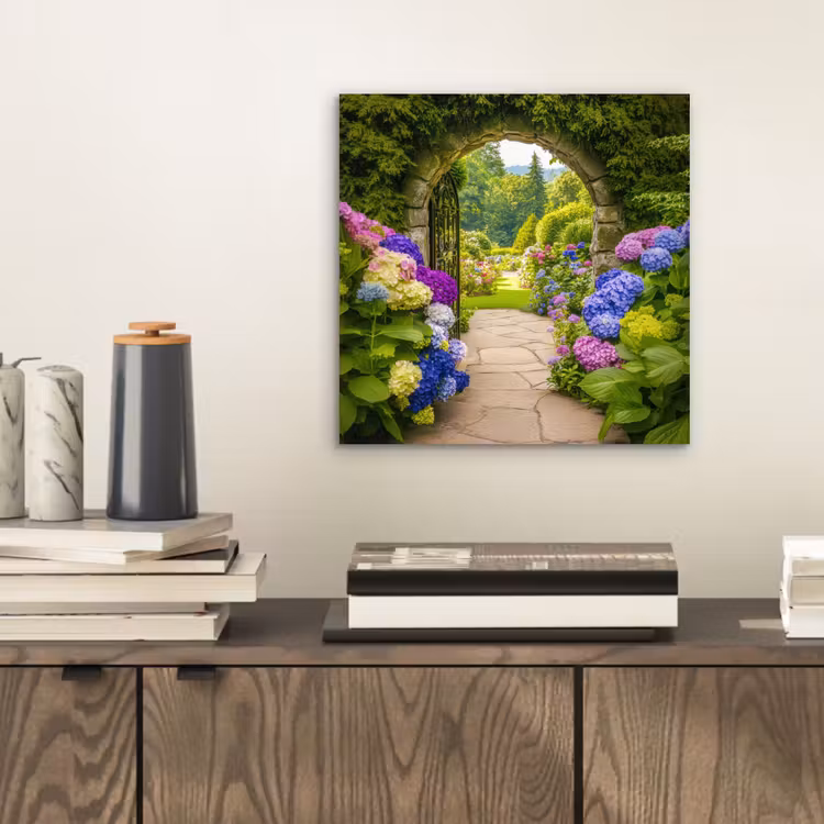 Aluminium schilderij - Doorkijk - Poort - Hortensia - Bloementuin — 2
