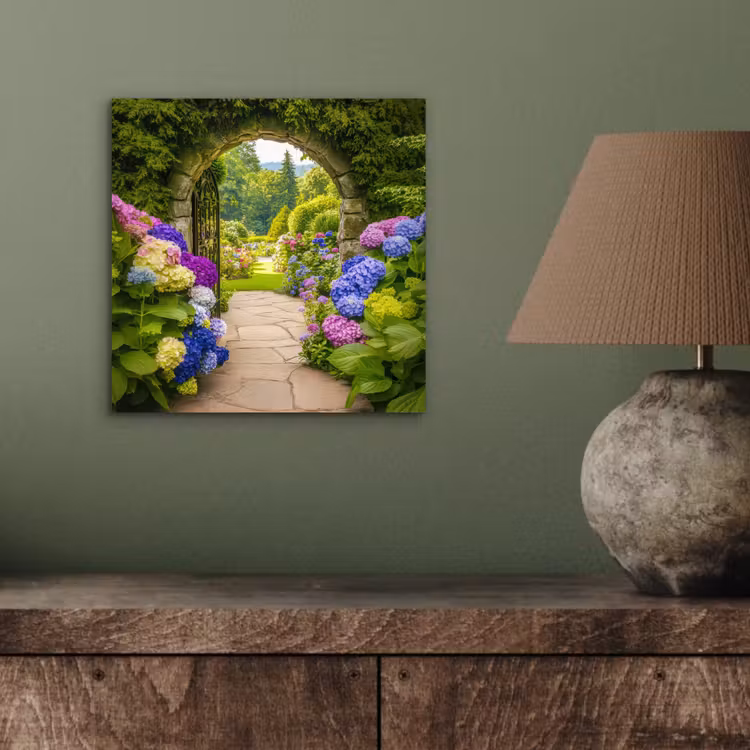 Aluminium schilderij - Doorkijk - Poort - Hortensia - Bloementuin — 3
